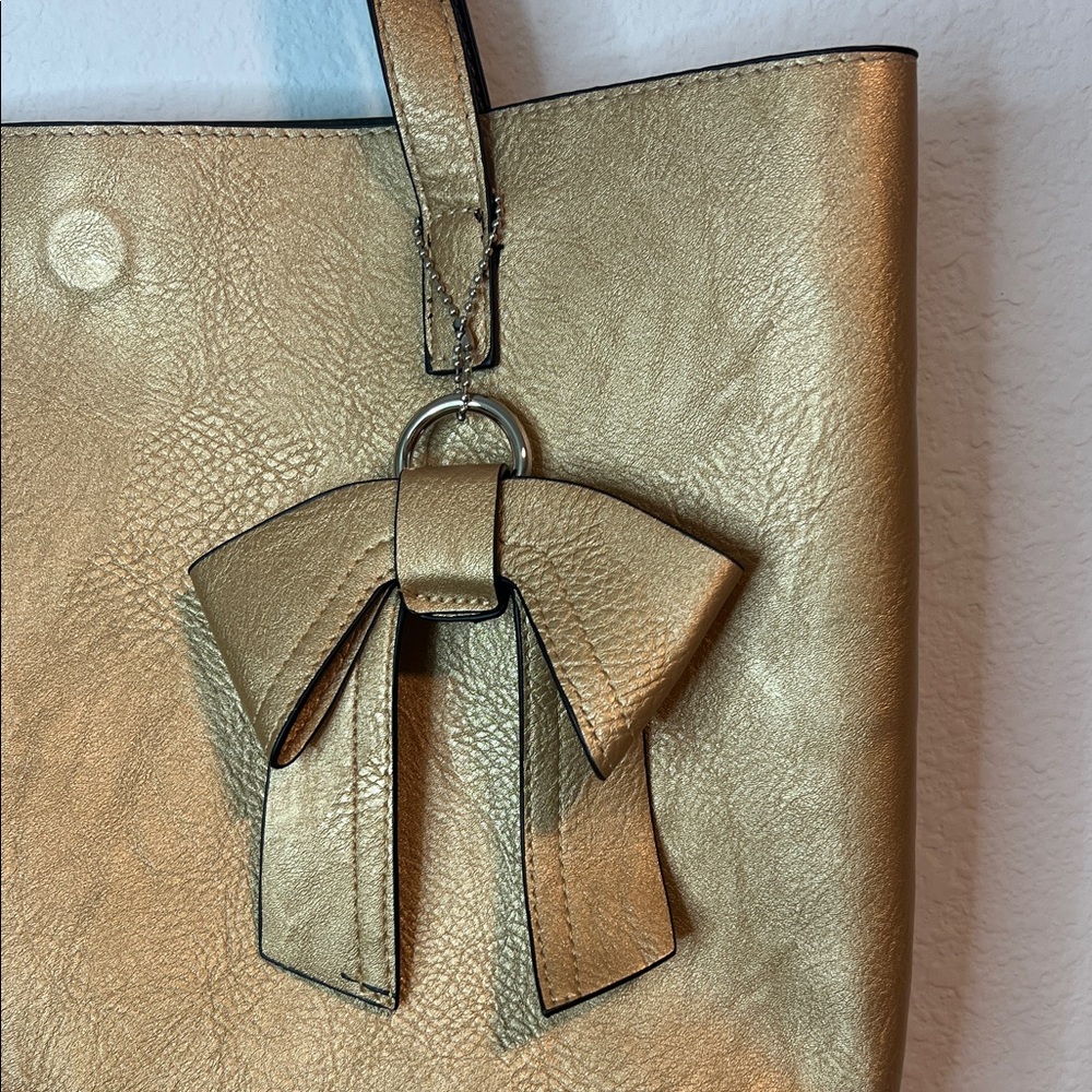 K. Carroll Chic Gold & Brown Reversible Tote Bag Bow & Pouch RFID NWT - Picture 3 of 7